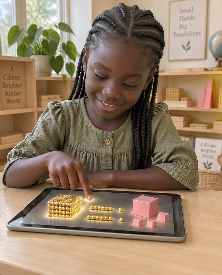 A child interacting with digital Montessori-inspired materials on a tablet