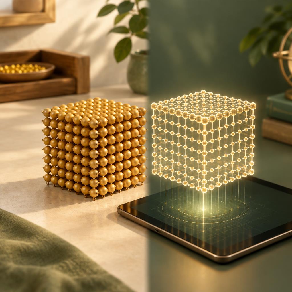Wooden golden beads transforming into a glowing digital cube